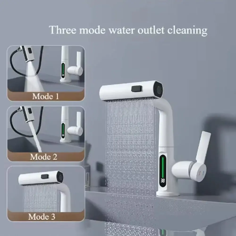 

3 режима температуры, цифровой дисплей, кран, гибкая насадка, гидроэлектрический кран для раковины, вращение на 360 градусов, нежный поток воды