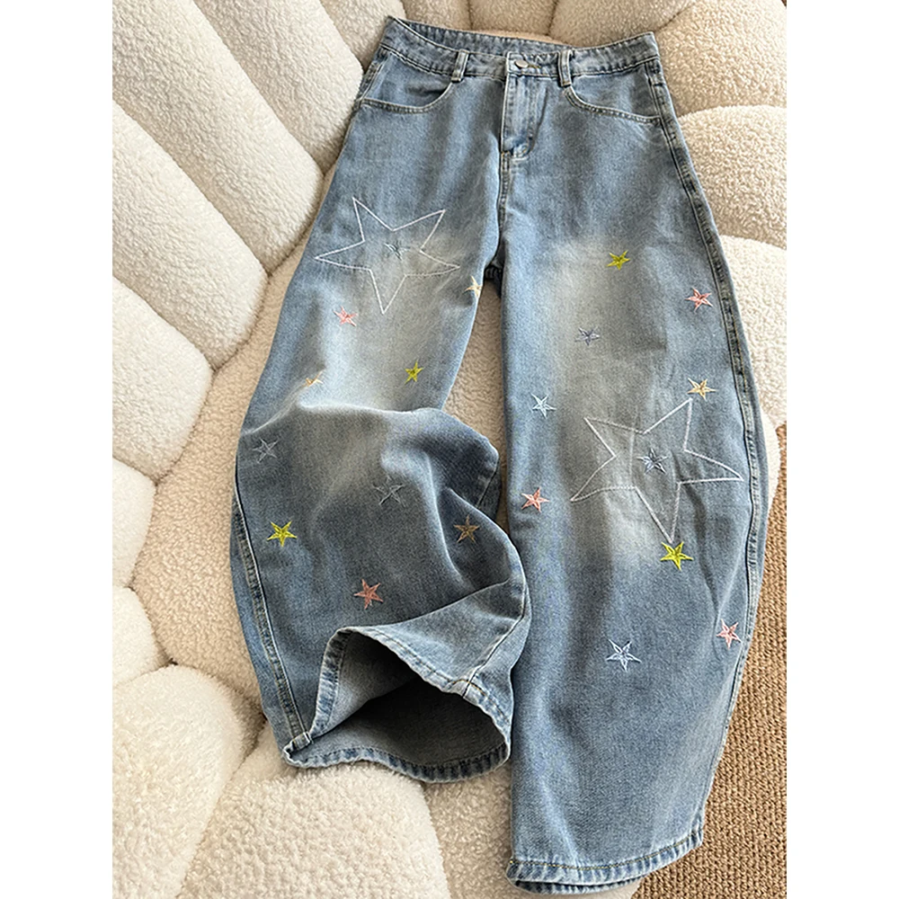 Mode Sterren Borduren Blauwe Jeans voor Dames Lente Herfst Hoge Taille Rechte Losse Denim Broek Retro Gewassen Blauwe Jeans