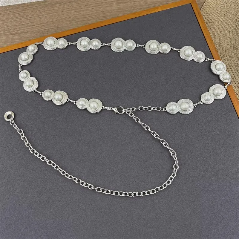 Women's Vintage Pearl Beaded Gold Silver Metal Chain Corset Female Cummerbund Coat Waistband Dress Decration Narrow Belt J604