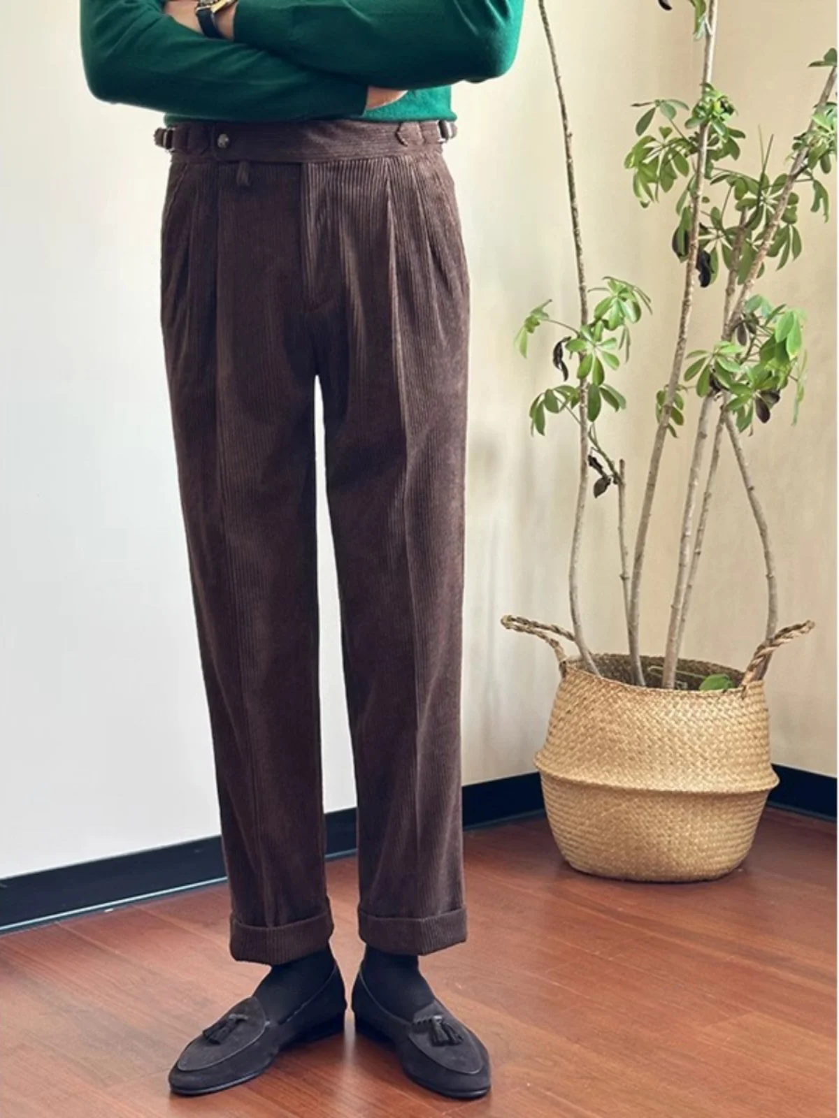 Pantalones informales Vintage italianos de pana para hombre, pantalones de ocio con doble pliegue, sensación drapeada, pantalones largos de cintura alta, energía juvenil