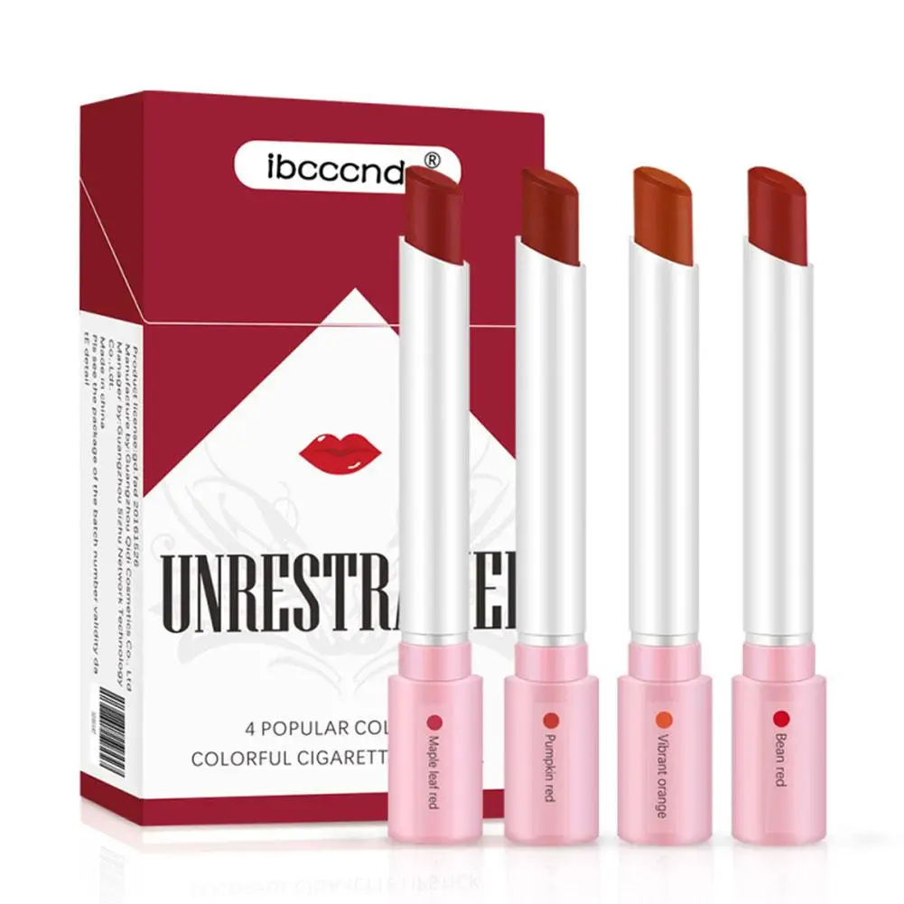 Juego de lápiz labial de cigarrillo creativo, lápiz labial mate de larga duración, resistente al agua, tubo de terciopelo rojo Nude, maquillaje de tinte de labios, 4 colores por juego