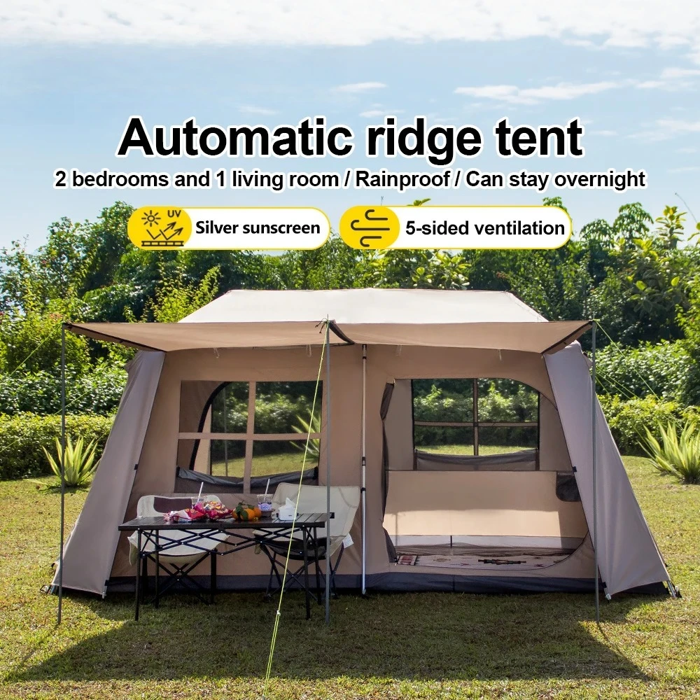 4-7 Person Double Hall Ridge Tent with Canopy Outdoor Family Adventures Tents Sonuto Quick Setup Large Camping Automatic Tent