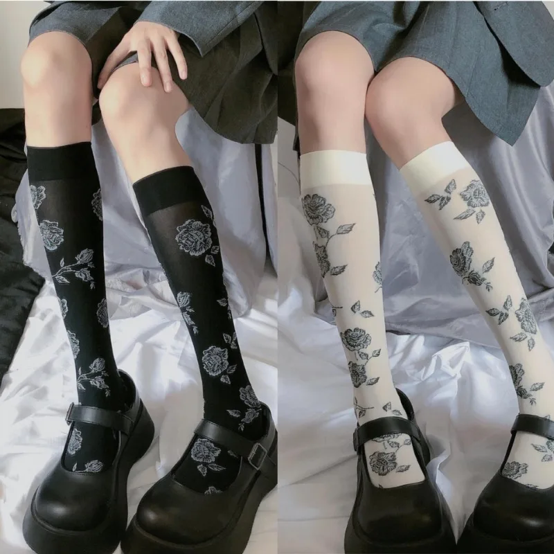 

Floral Prints Women Stockings Vintage Velvet Stockings Long Socks Women Japanese Lolita Kawaii Cute Knees Socks Stockings White