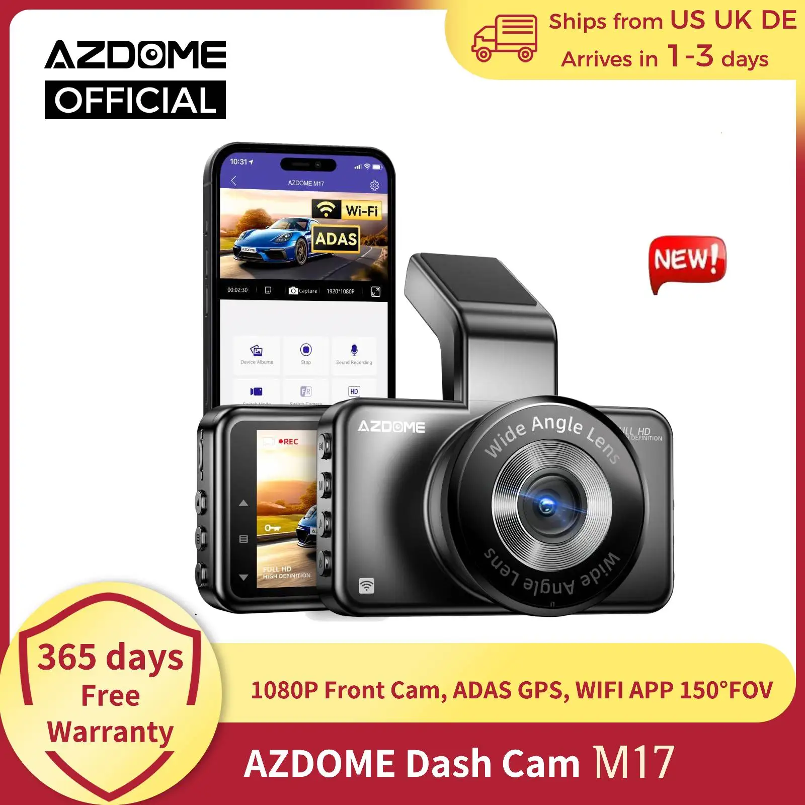 AZDOME Dash Cam M17 1080P Front Cam Built-in ADAS GPS Car Camera 24H Parking Monitor Night Vision Car DVR WIFI APP 150°FOV