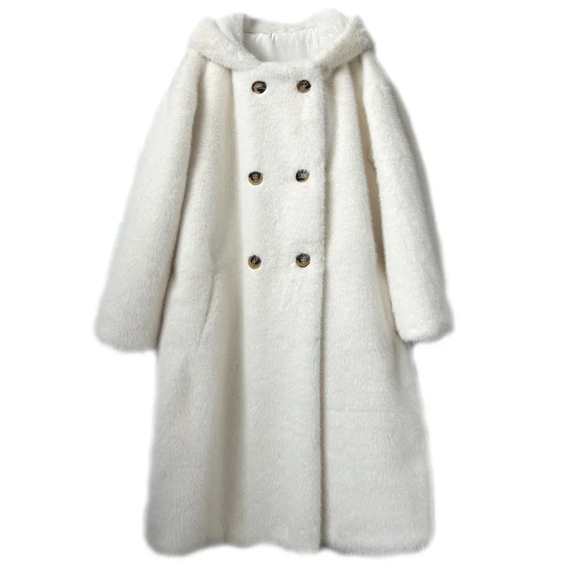 معطف فرو مختلط بغطاء للرأس ممتد جديد للنساء فضفاض عصري