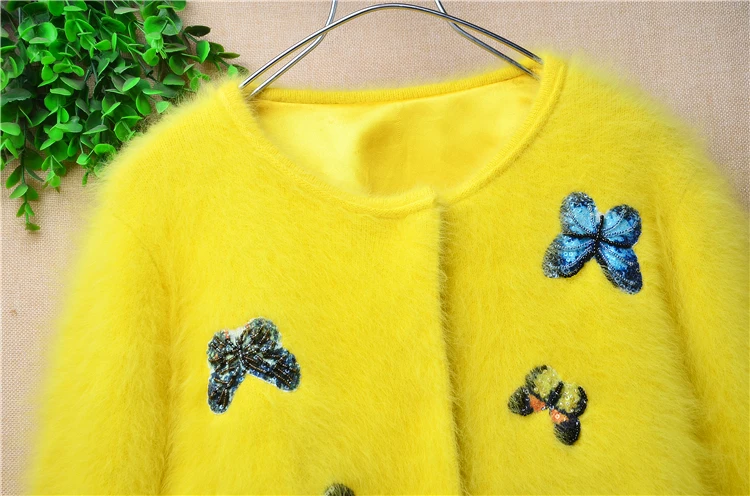 Ladies Women Fall Winter Fashion Beading Butterfly Mink Cashmere Knitted Long Sleeves Loose Cardigans Angora Fur Sweater Jacket