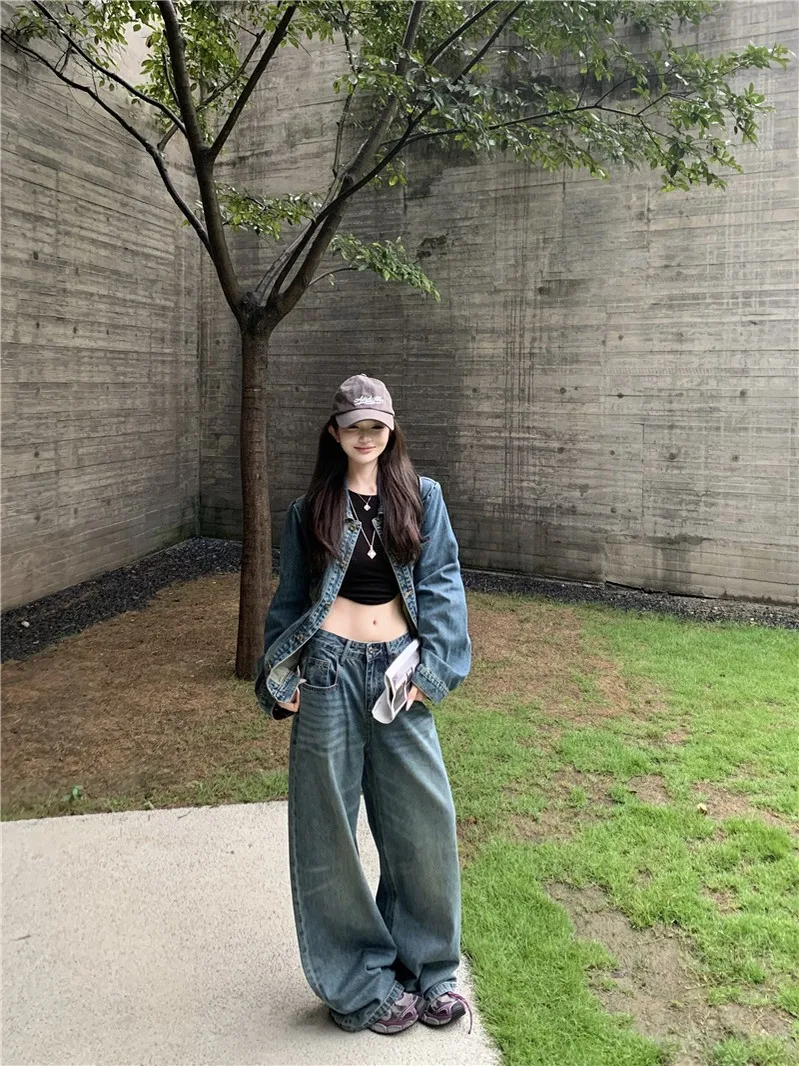 

Retro American Denim Long Sleeve Jacket Women's Loose Slimming Casual Wide Leg Jeans Set Autumn Winter Fashion Two-Piece Suit