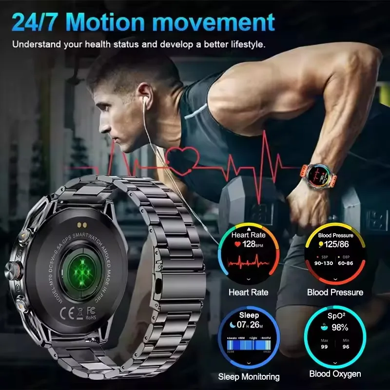 2025 جديد نظام تحديد المواقع SmartWatch الرجال 1000Mah بطارية البوصلة 5ATM مقاوم للماء تكتيكات الرياضة مصباح يدوي BT دعوة ساعة ذكية لنظام IOS أندرويد