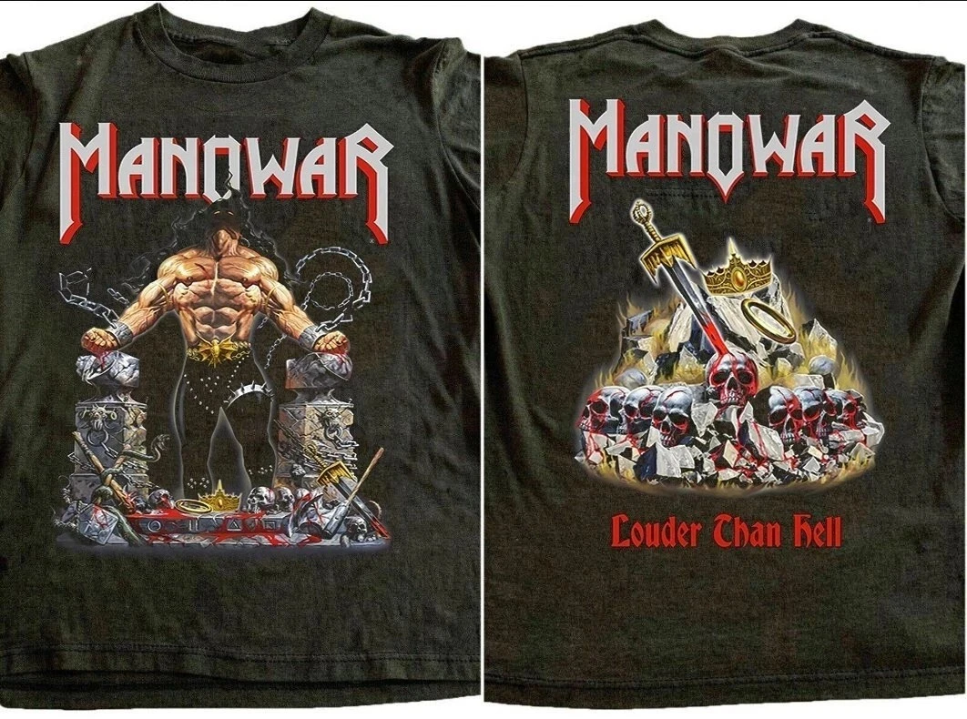 Camiseta Manowar Louder Than Hell 2026 Clássica Preta com Impressão em Ambos os Lados