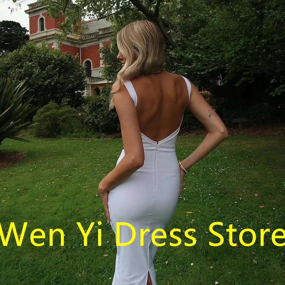 CustomizedClassic Zipper Back Sleeveless Mermaid White Evening Dress Floor Length Sexy Square Neck Back slit Special Occasion Go image 2