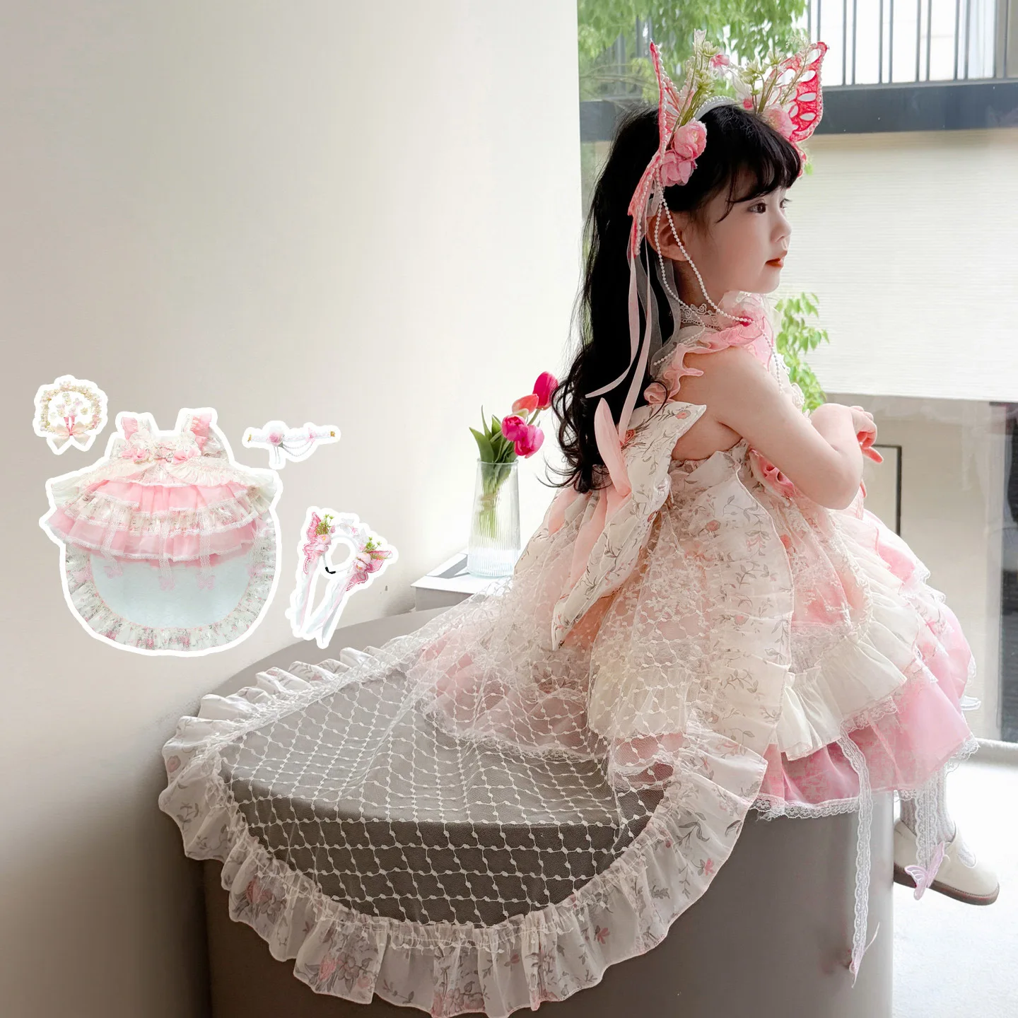 

Flower Fairy Girl Lolita Princess Dress Ruffled Tutu Skirt Layered Dress Bow Decoration Party Dress Ball Gown Festival Gift