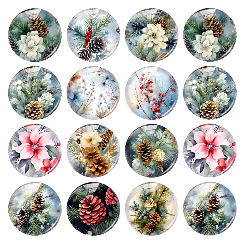 

Handmade Merry Christmas X-mas Flower Pine Cone Photo Glass Cabochon Charms Demo Flat Back Cameo For Diy Jewelry Making Finding