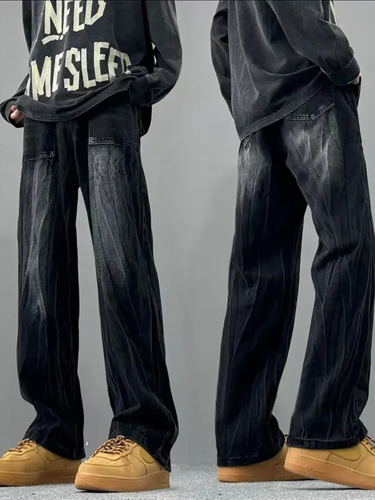 

American High Street Black Lightning Pattern Men's Jeans Spring Autumn Trendy Handsome Straight Leg Long Pants Casual Wear