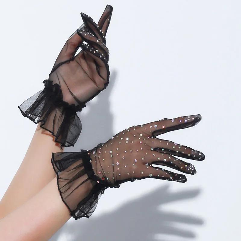 Women Sexy Lace Wrist Mesh Flash Diamond Thin Transparent Short Gloves Club Nightclub Party Cosplay Performance Accessories