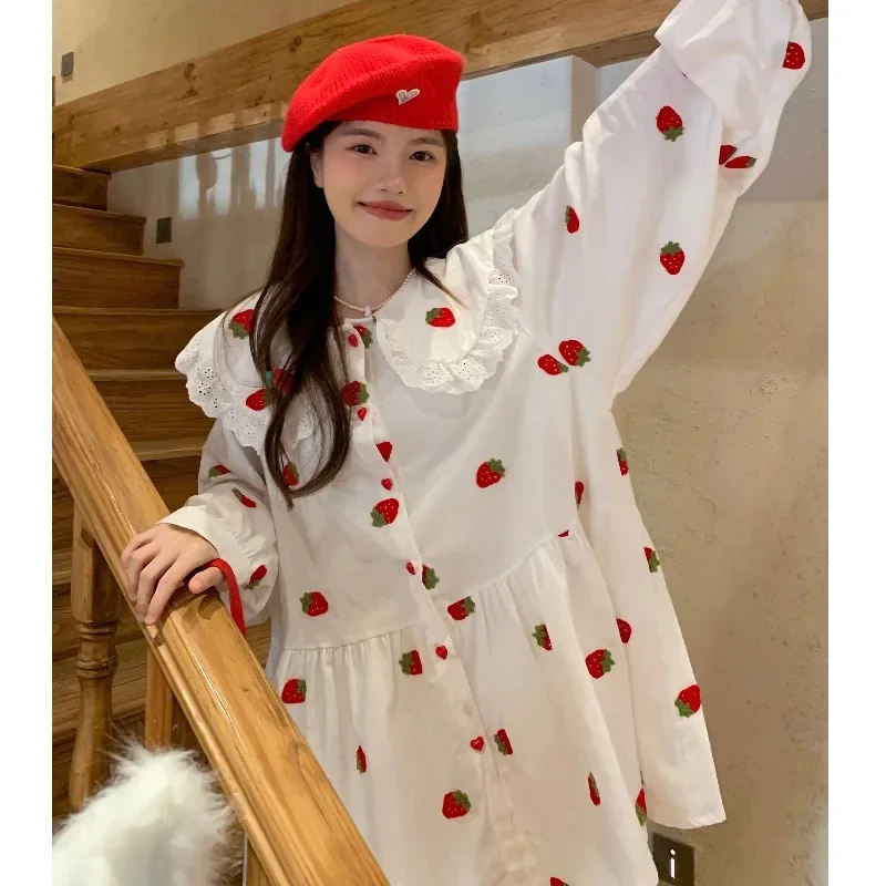 Kimotimo Sweet Embroidery Strawberry Lace Doll Collar Dress Women 2023 Autumn Long Sleeve Loose All Match Mini Dresses Casual