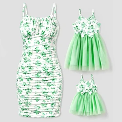 PatPat Mommy and Me Green Floral Ruched Bodycon Strap Dress or Spliced Mesh Strap Dress