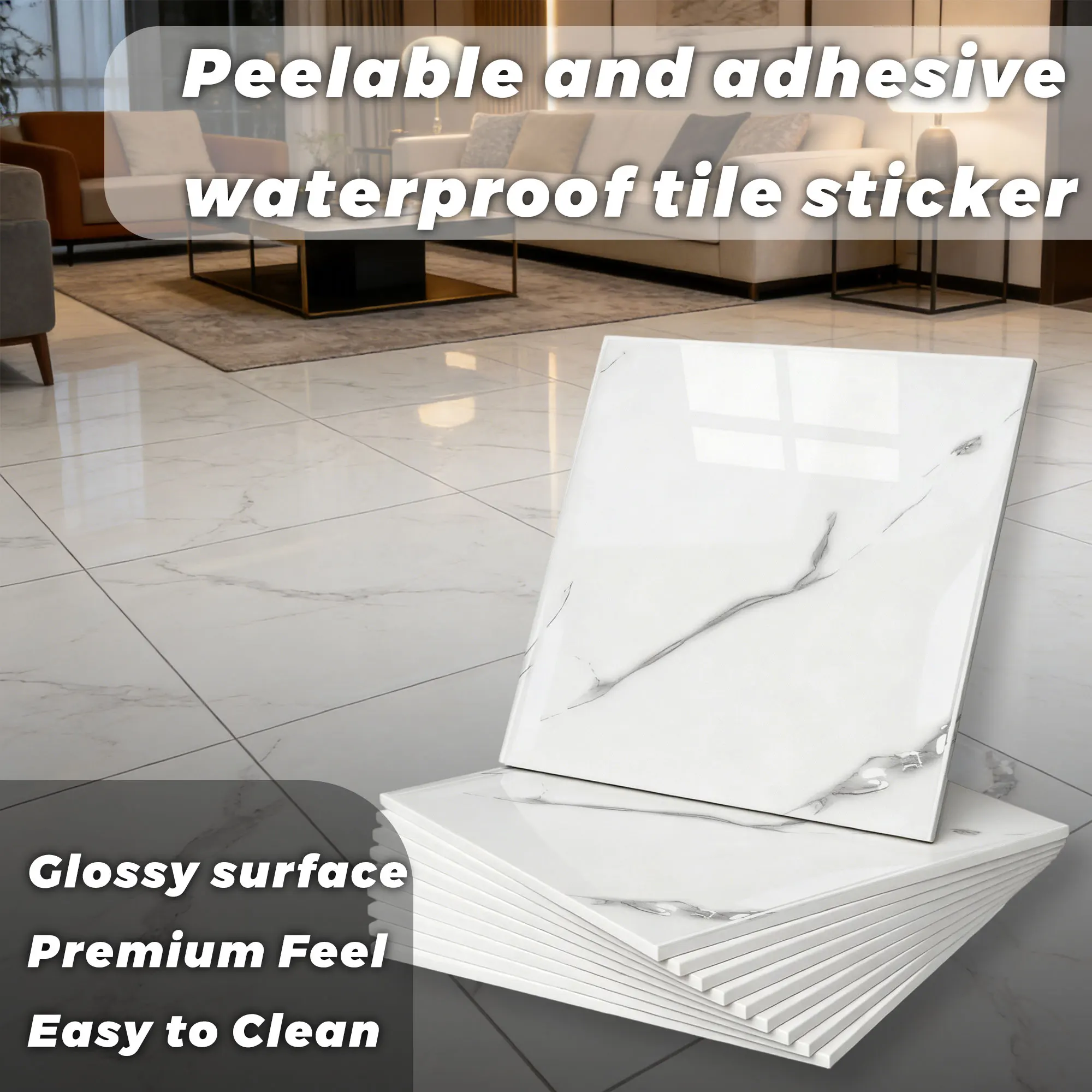 

White Marble 12“ Wall Stickers LCC Waterproof Thickened Peel And Stick Floor Stickers Bedroom Kitchen Camper Laundry Room Decor