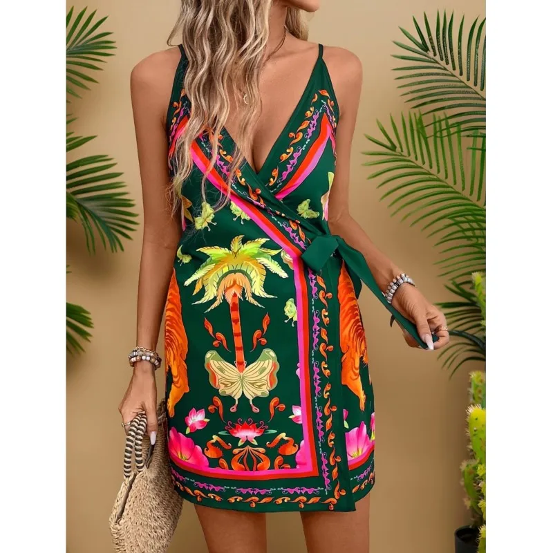 

Sexy Deep V-neck Lace Up Vacation Dress 2025 New Summer Backless Floral Print A-line Sleeveless Sling Dresses Beach Party Dress