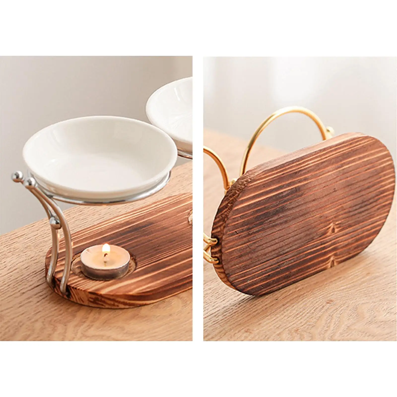 Ceramic Tealight Candlestick Holder Wood Base Oil Burner Diffuser Warmer for Bedroom Spa Meditation Farmhouse