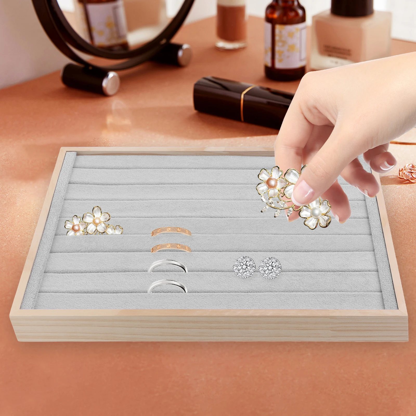 

Wooden Jewelry Tray Ring Holder ganizer Large Capacity Storage Display Earring Stud Tray Home Shop Wooden Accessories