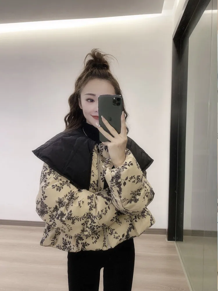 

Korean Sle Floral Print Doll Collar Patchwork Cotton Jaet Women's Winter Faion Unique Beautiful Flower Cotton Coat