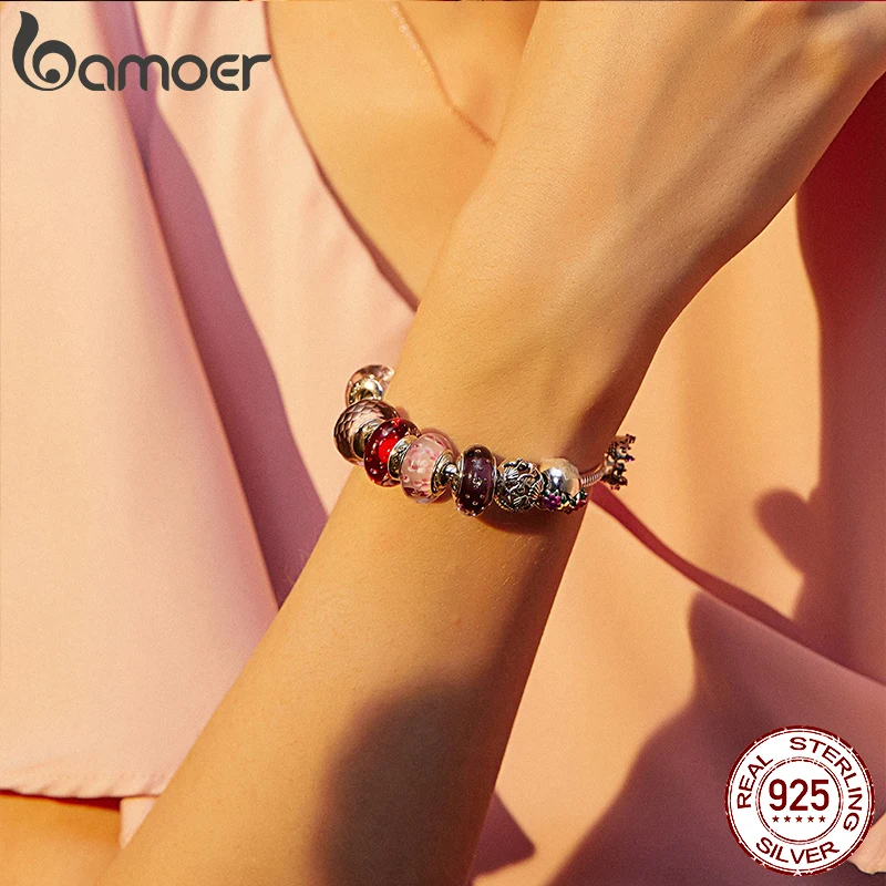 BAMOER 925 Sterling Silver Lovely Pink Flower European Murano Glass Charm Beads for DIY Charm Bracelets Christmas Gifts SCZ001