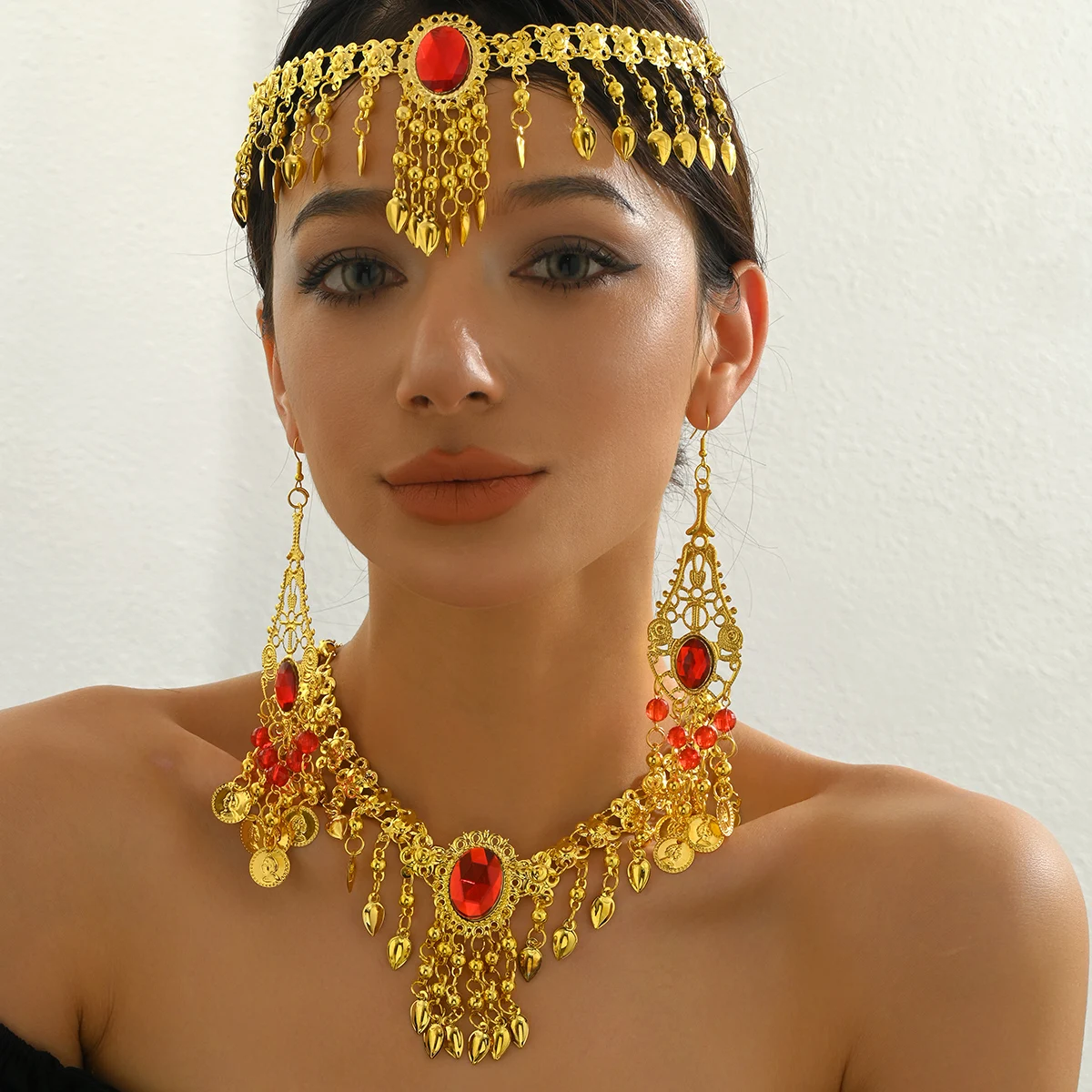 Arabian Popular Imitation Golden Circular Inlaid Pendant Portrait Pattern Necklace Head Chain Earring Combination Jewelry Set image 5