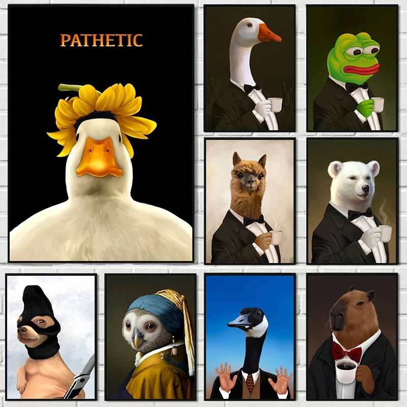 Lustige Memes Tier tragen Buiness Anzug trinken Kaffee Poster Leinwand Malerei Frosch Ente Wand kunst Bild Wohnzimmer Home Dekoration