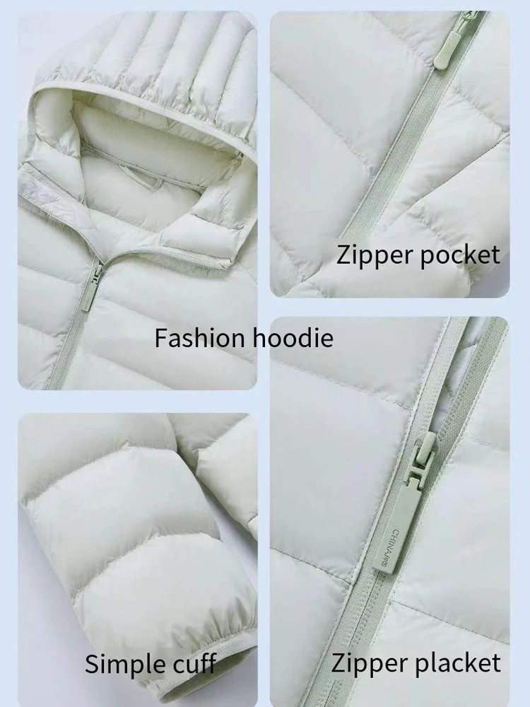 YESUNION Ultraleichte Daunenjacke für Damen, 90 % weiße Entendaunen, elegante, altersreduzierende, einfache, modische, warme Kapuzen-Pufferjacke, Unisex