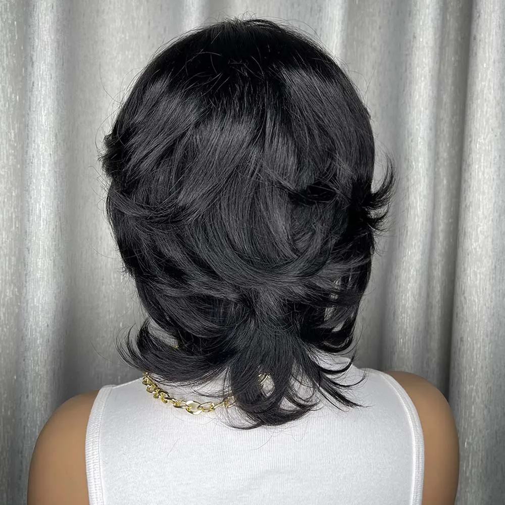 ピクシーカットウィッグ 人毛 黒人女性用 前髪付き ナチュラルブラック ストレート フルマシンメイド ショートレイヤード