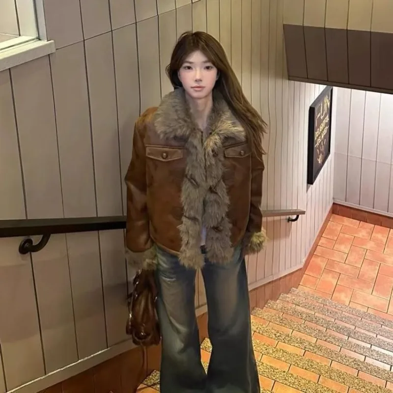 

Женское плюшевое пальто Maillard с мехом в стиле ретро, осень/зима 2022, новое свободное теплое коричневое кожаное пальто, хлопковая одежда для пригородных поездок