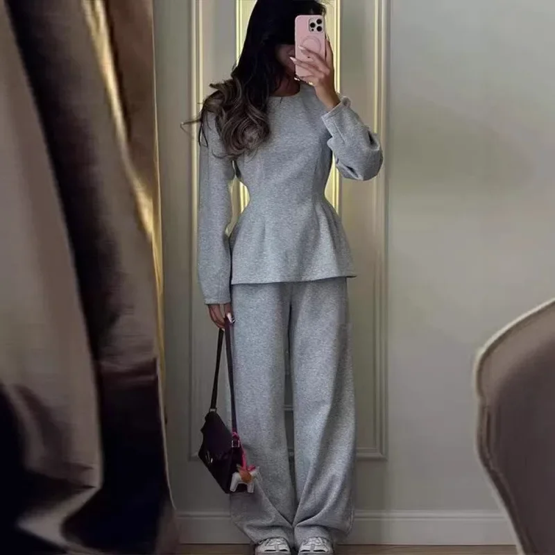 Women's Suit Two Piece Pants Set Round Neck Long Sleeve Fitted Top And Wide Leg Trousers Loose Fit Autumn Winter