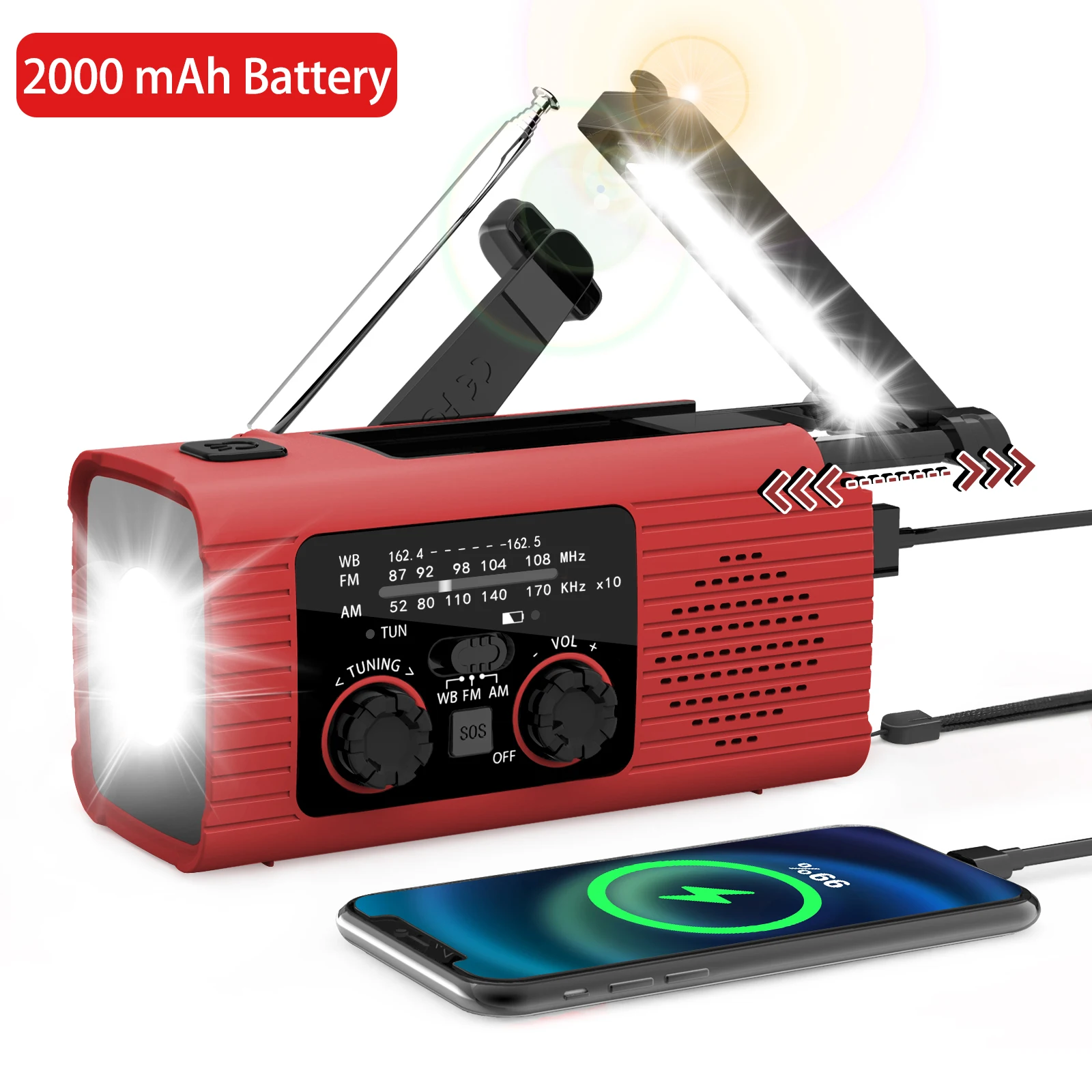 Radio de emergencia con función de carga de teléfono celular, radio