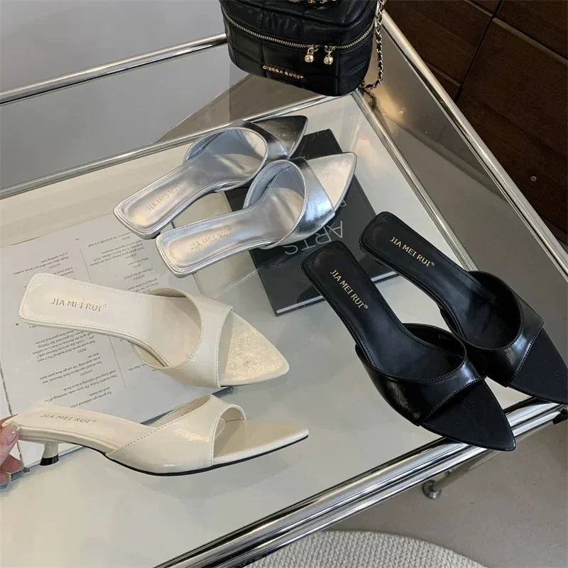 

New Style Fashion Sexy PU Shallow Slim High Heels Women's Pointed Open Toe Outdoor Solid Color Anti Slip Sandals Slippers Mules