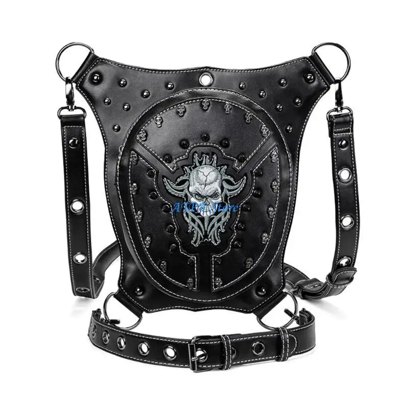 U13C Borsa con teschio da uomo con rivetti in pelle PU Steampunk Marsupio da gamba Borsa da Regalo