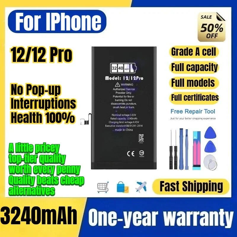 A2403/A2172 for IPhone 12/12 Pro Phone Battery No Pop-up Interruptions Health 100% Replacement Bateria Grade A Cell with Tools
