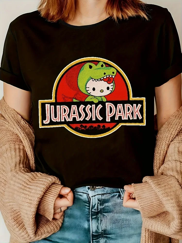 سانريو جديد المرأة التي شيرت جولة الرقبة قصيرة الأكمام رداء علوي غير رسمي ديناصور وسانريو شخصية طباعة الربيع/الصيف/الخريف تي شيرت غير رسمي #1