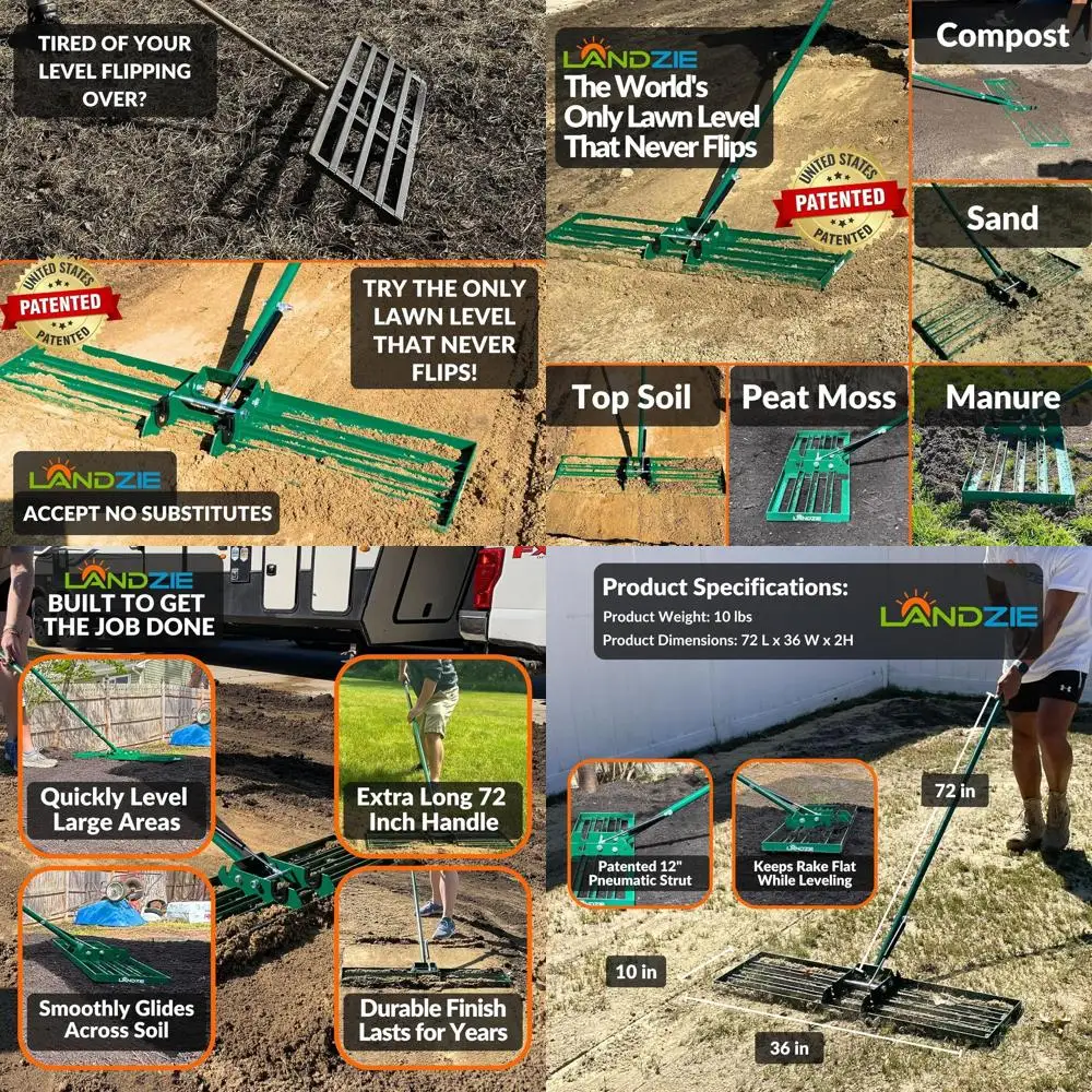 

36 Wide Pneumatic Lawn Rake for Leveling Yards, Soil, and Sand without Edge Lifting