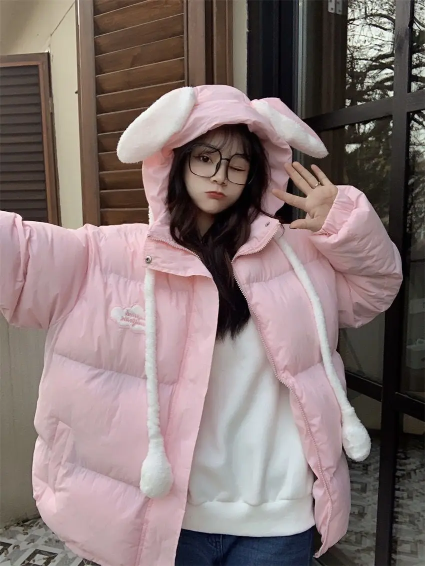 Korean College Style Parkas Women Winter Students Y2k Sweet Blue Loose Oversize Rabbit Ears Hooded Thickened Cotton Padded Coats