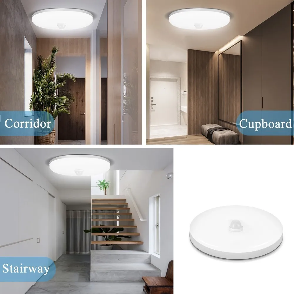 Plafonnier LED avec détecteur de mouvement PIR, design moderne, éclairage d\'intérieur, luminaire de plafond, idéal pour un couloir, un balcon ou une