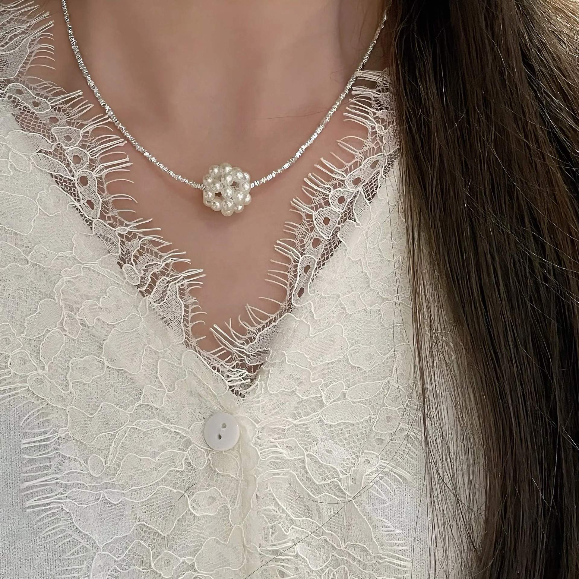 S925 pure silver broken silver pearl ball necklace small broken silver French style high-end versatile collarbone necklace