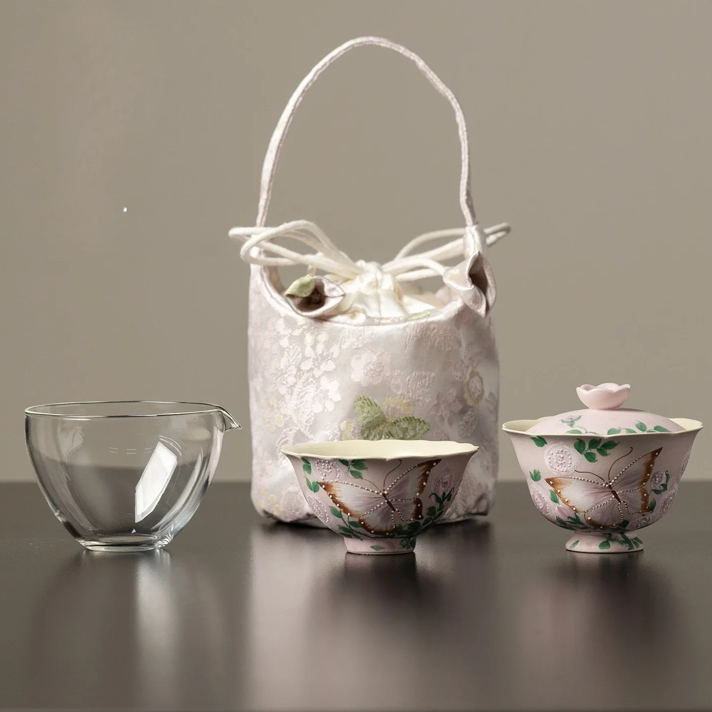 Hand-painted Butterfly Rose Cover Bowl One-person Drink Set Portable Storage Bag Travel TeaSet Camping Picnic Express Cup Set