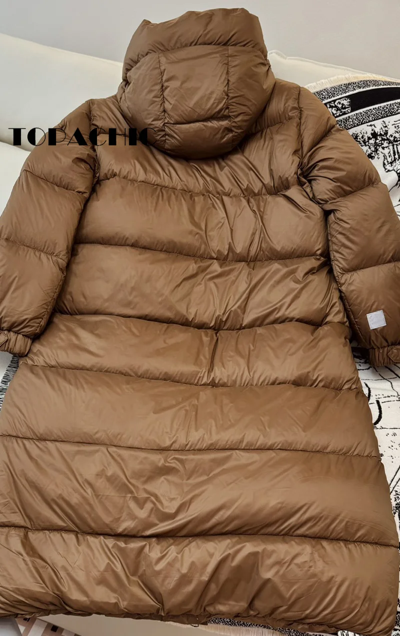 9.6 TOPACHIC-Women Drawstring Hooded Thick Keep Warm Goose Down Outerwear Double Zipper Long Sleeve Loose Straight Coat