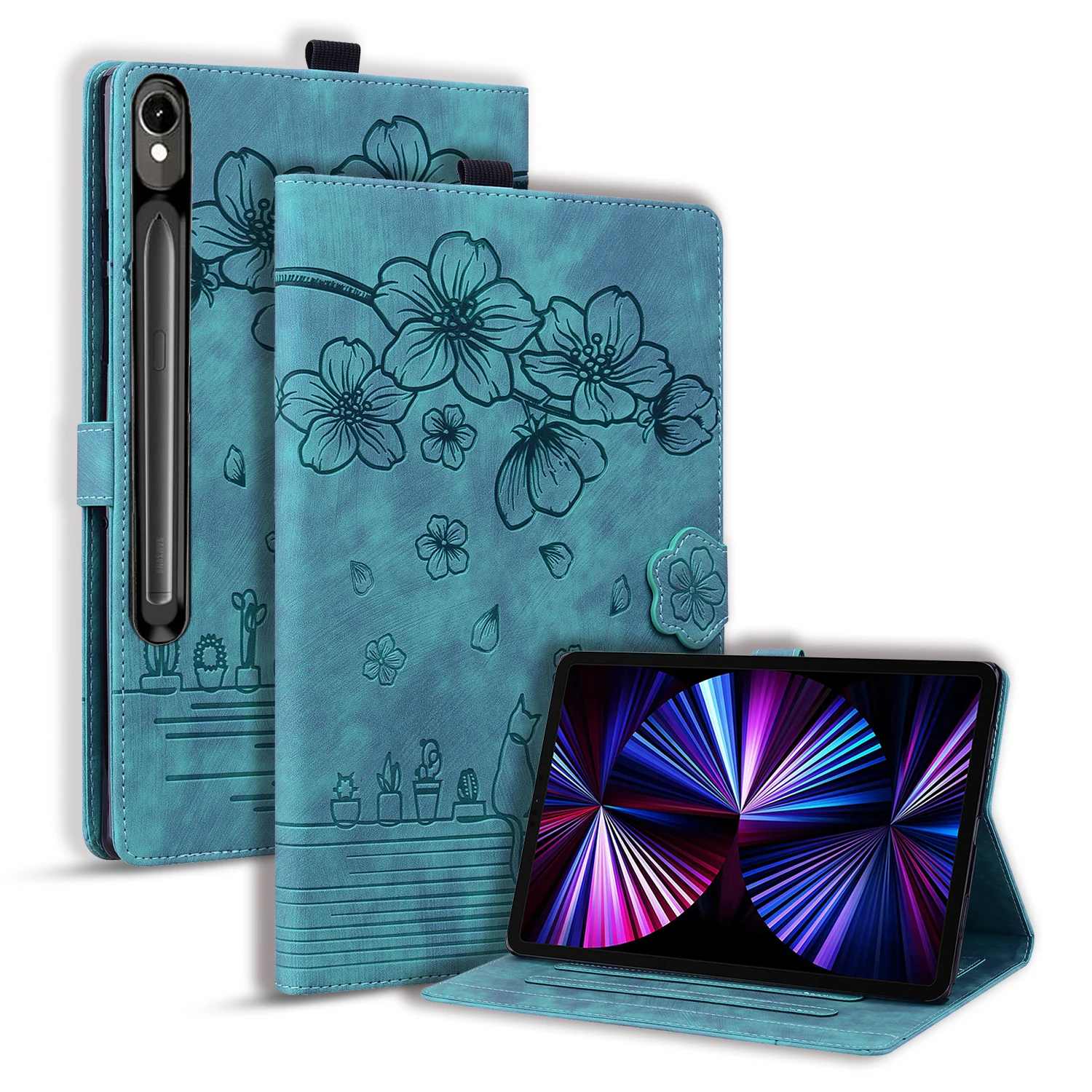 

For Samsung Galaxy Tab S10 FE+ Case Card Slots Leather Tablet Stand Folio Cover Flower Cat - Green