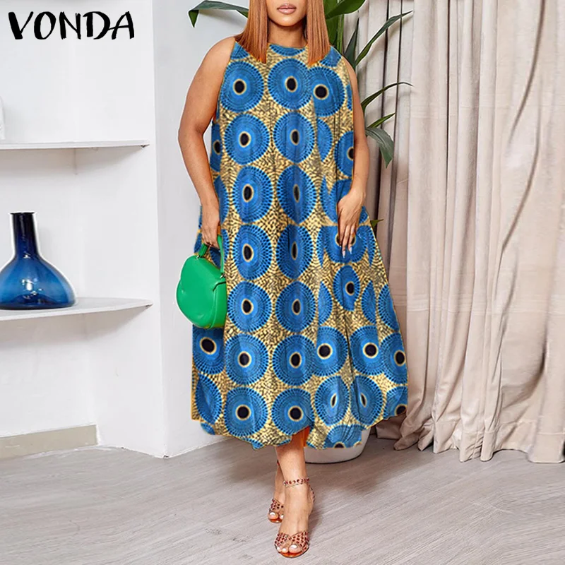 

Plus Size 5XL VONDA 2026 Summer Women Dress Sleeveless Printed Sundress Oversized Party Long Vestido Casual Loose Beach Robe