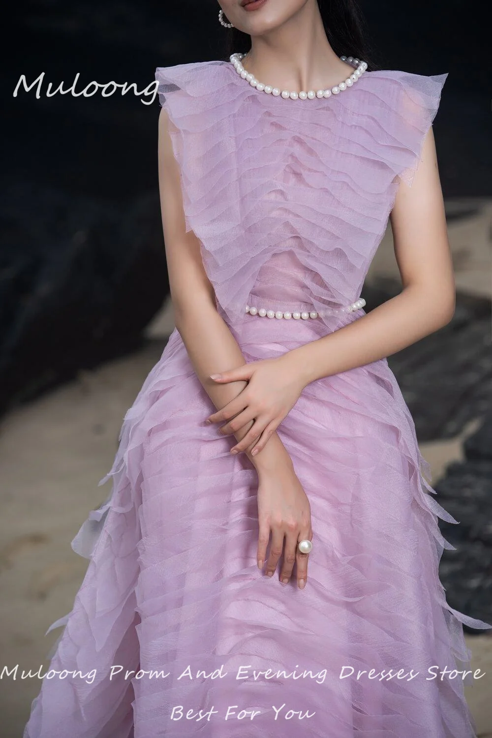 Muloong Light Purple O Neck Maxi Dress Cape Sleeves Tiered Formal Gown Pearls Ankle Length Pleated A Line Evening Gown