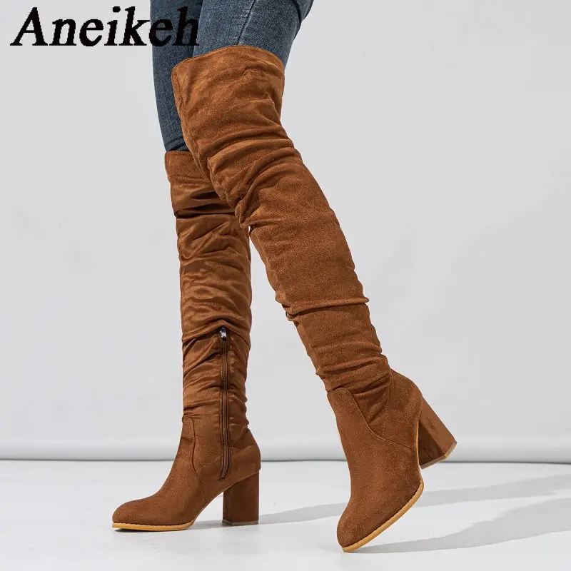 Aneikeh 2025 Spring/Autumn New High Top Side Zipper Over Knee Long Boots Women Mature Flock Round Motorcycle Thick Heel Boots