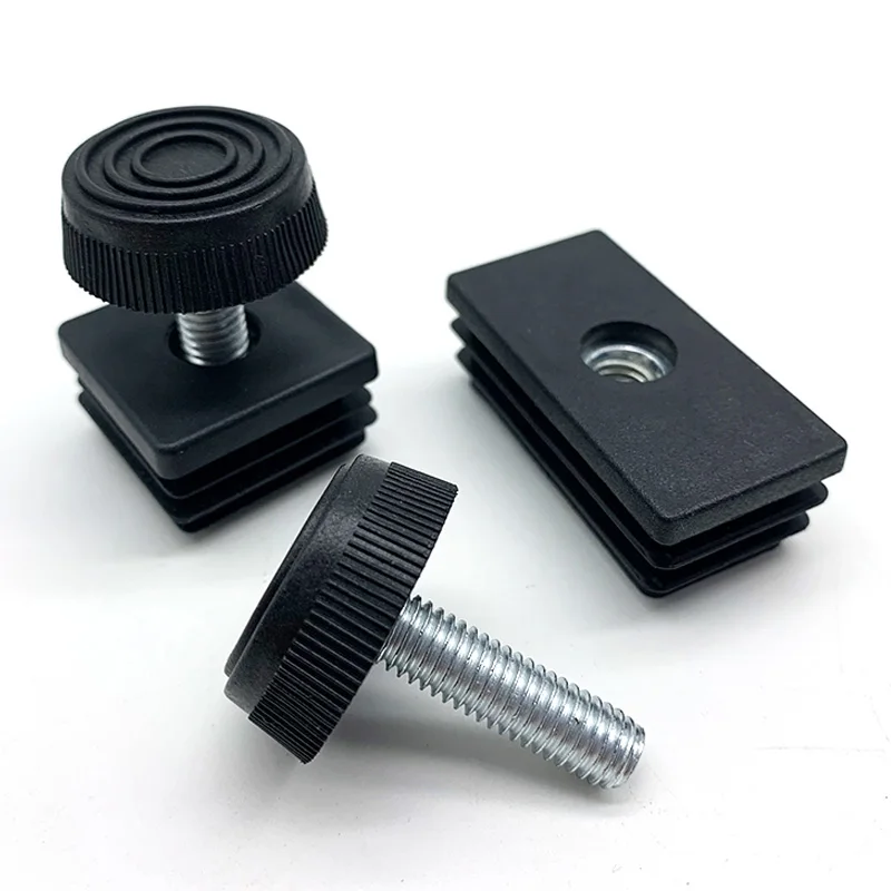 1/4/10pcs M6 M8 Black Square Plastic Pipe Plugs Adjustable Screw Foot Pad Furniture Leg End Caps 10 15 16 19 20 25 30 38 40 50mm