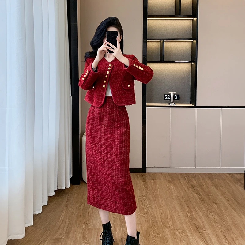 New Year Red Tweed Party Two Piece Set Elegant Women Gold Single Breasted Short Jacket Coat + Long Wool Bodycon Midi Skirt Suits