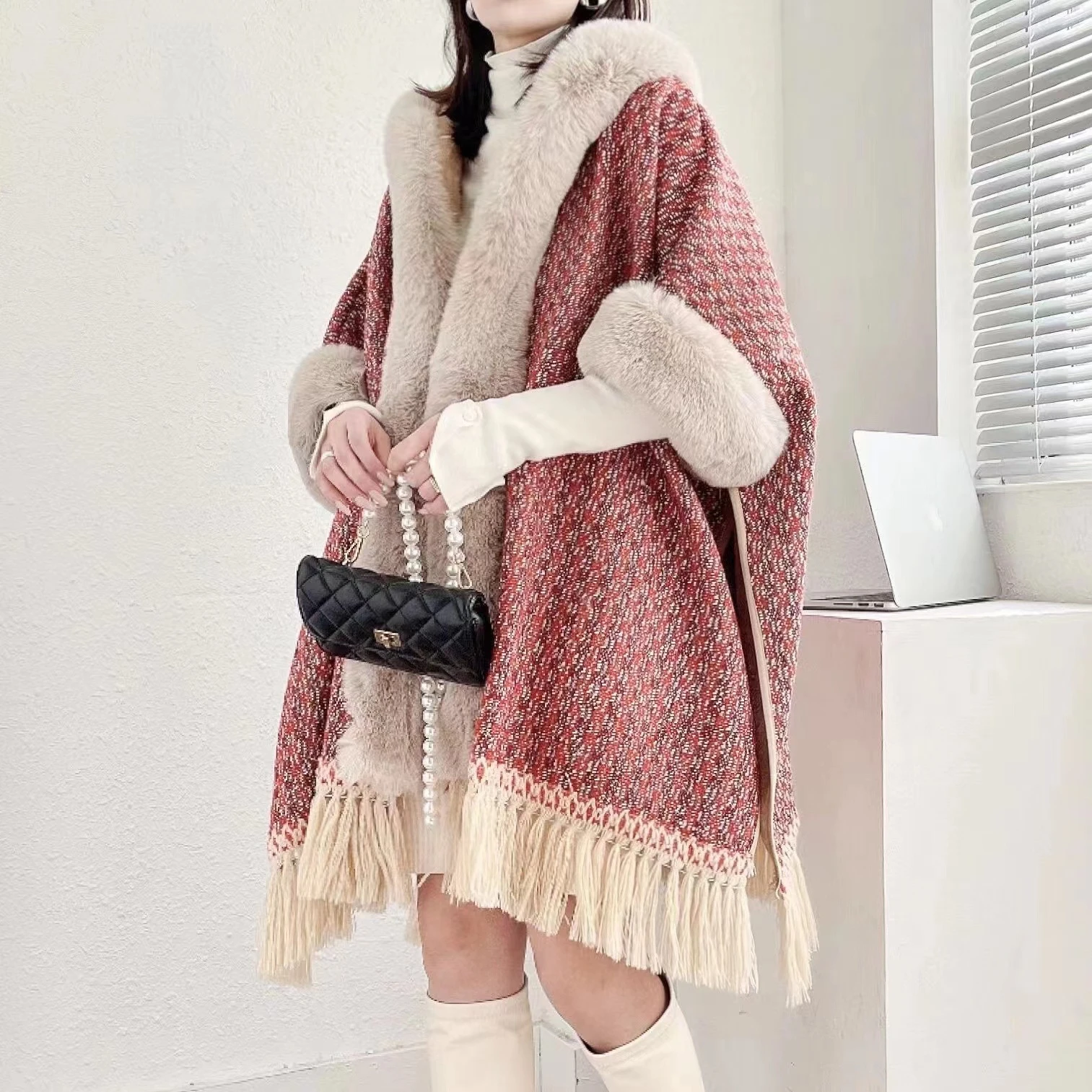 

Women Faux Rabbit Fur Loose Long Velvet Thick Cloak Coat With Hat Japanese South Korea Winter Warm Plaid Printed Poncho Cappa